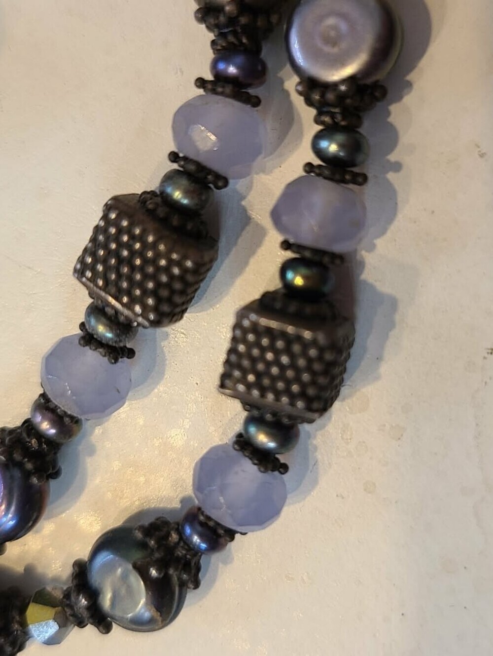 Handcrafted Blue Pearl & Lavender Bead Necklace with Matching Earrings - Picture 4 of 4